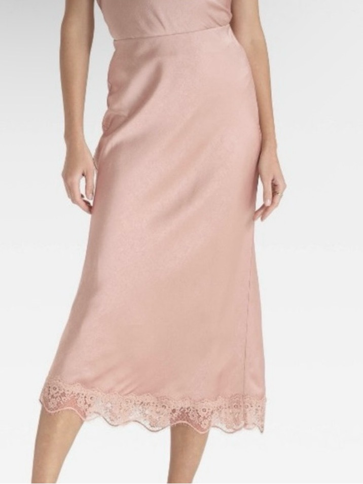 Beautiful Woman's Blush Pink Tan Lace-Hem Midi Skirt